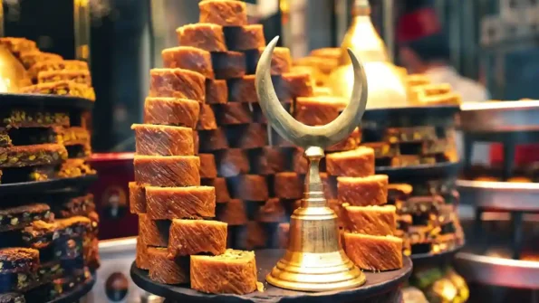 Premium Arabic sweets stacked elegantly with a crescent moon decor symbolizing Ramadan celebration and traditional luxury gifting.