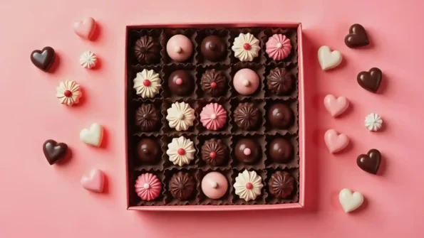 Assorted chocolate box with decorative truffles in a pink gift box surrounded by heart-shaped candies