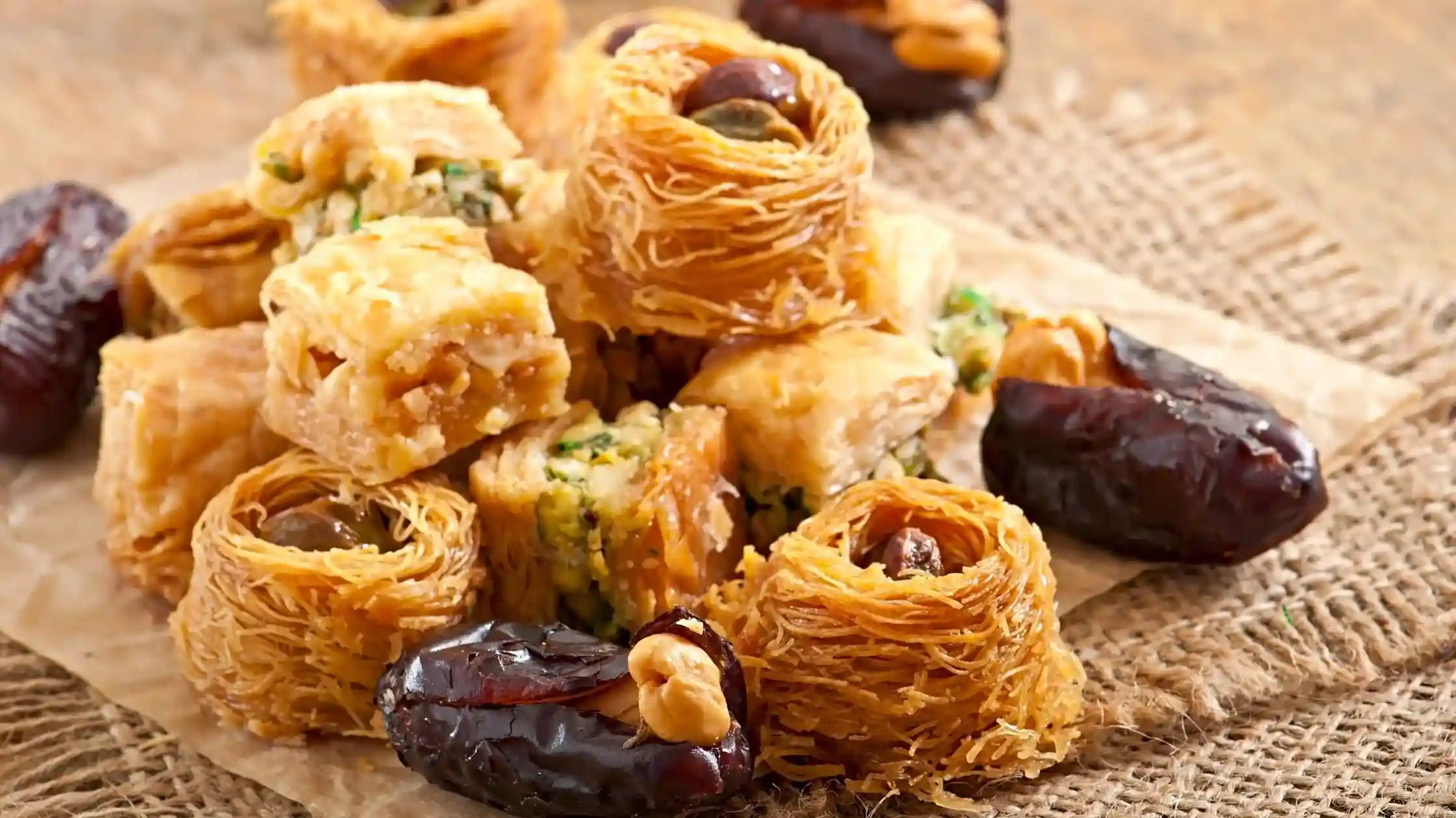 Traditional Arabic sweets in Qatar featuring baklava, kunafa nests, pistachio pastries, and stuffed dates arranged on a rustic table.